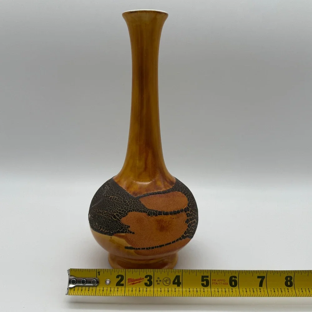 Vintage Studio Pottery Bud Vase Amber Lava Textured Mid Century Modern 10in